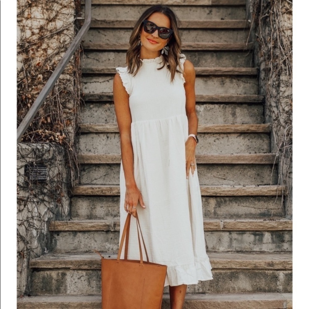 Urban Outfitters Ruffle Babydoll Midi Dress‎ S cottage bohemian cream